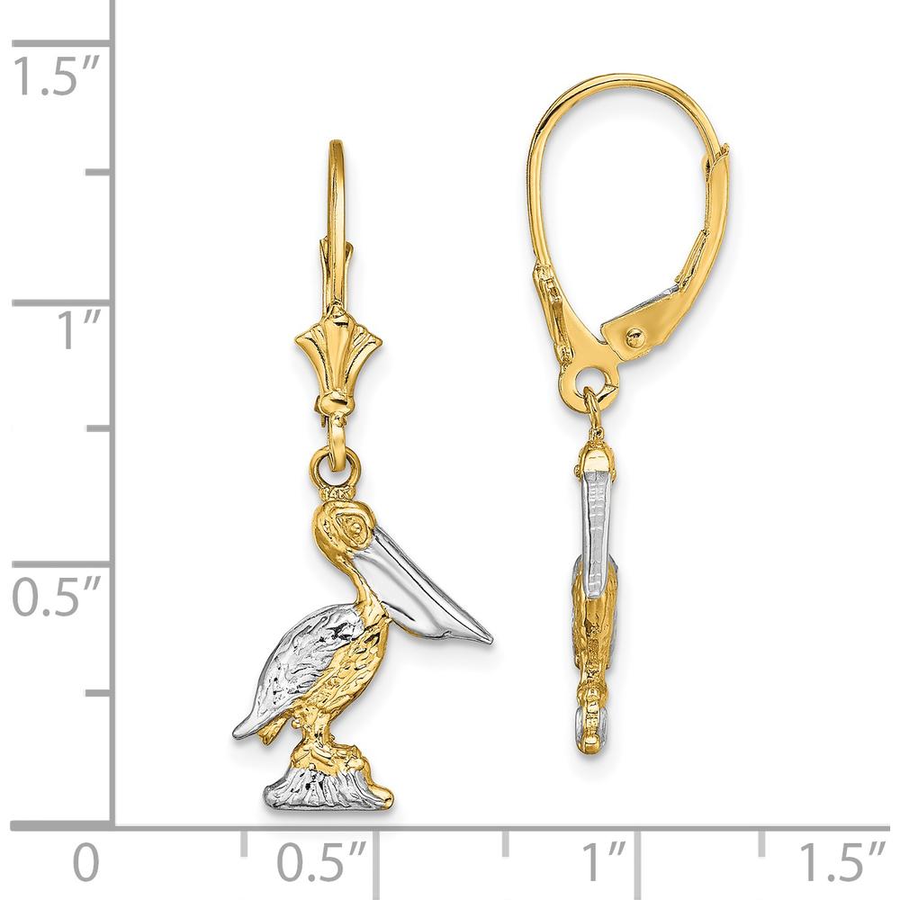 14K Yellow Gold and Rhodium 3D Pelican Leverback Drop Earrings by 0