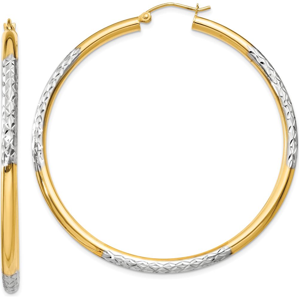 14K Yellow Gold and Rhodium 55mm Diamond-Cut Hoop Earrings by 0