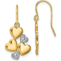 14K Yellow Gold and Rhodium Accented Triple Heart Drop Earrings with Polished Finish by 0