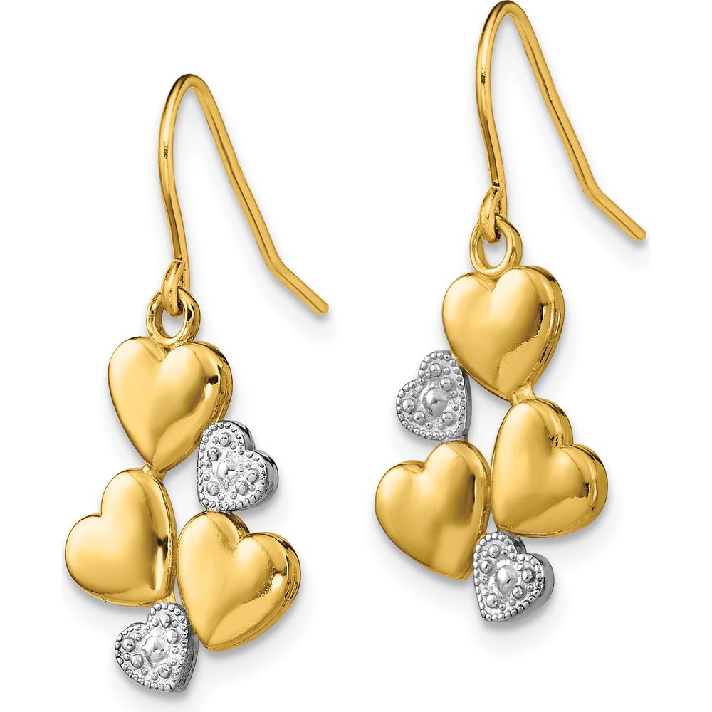 14K Yellow Gold and Rhodium Accented Triple Heart Drop Earrings with Polished Finish by 0