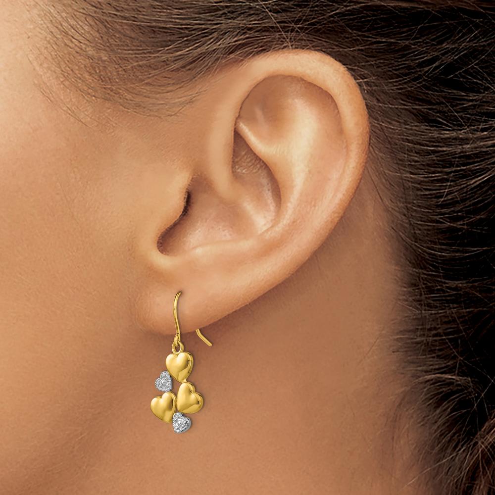 14K Yellow Gold and Rhodium Accented Triple Heart Drop Earrings with Polished Finish by 0