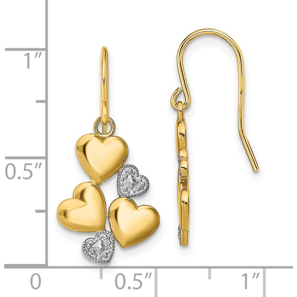 14K Yellow Gold and Rhodium Accented Triple Heart Drop Earrings with Polished Finish by 0