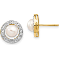 14K Yellow Gold and Rhodium Button Earrings with 5.5mm Freshwater Pearls and 0.05 Carat Diamonds by Monteluci Fine Jewelry