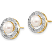 14K Yellow Gold and Rhodium Button Earrings with 5.5mm Freshwater Pearls and 0.05 Carat Diamonds by Monteluci Fine Jewelry