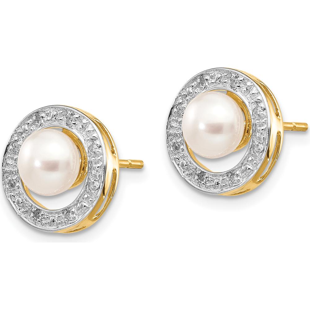 14K Yellow Gold and Rhodium Button Earrings with 5.5mm Freshwater Pearls and 0.05 Carat Diamonds by Monteluci Fine Jewelry