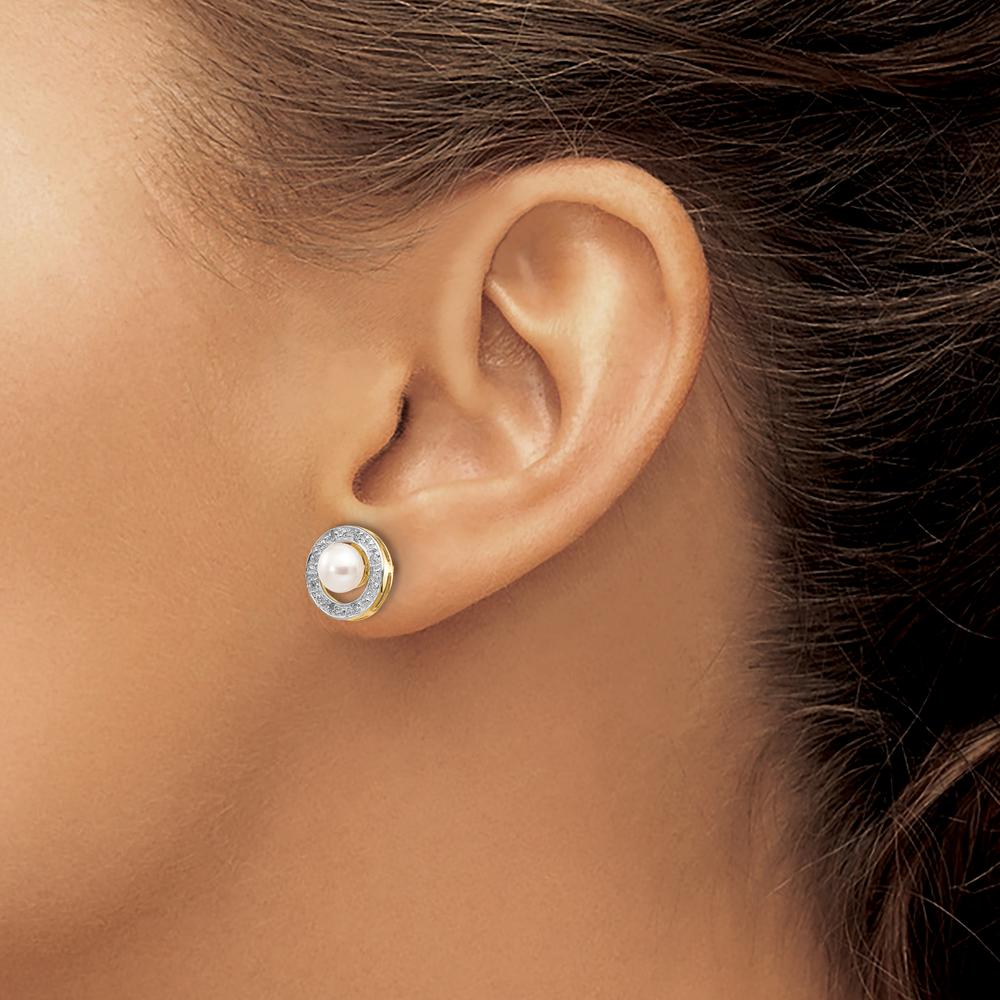 14K Yellow Gold and Rhodium Button Earrings with 5.5mm Freshwater Pearls and 0.05 Carat Diamonds by Monteluci Fine Jewelry