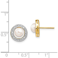 14K Yellow Gold and Rhodium Button Earrings with 5.5mm Freshwater Pearls and 0.05 Carat Diamonds by Monteluci Fine Jewelry