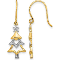 14K Yellow Gold and Rhodium Diamond Christmas Tree Dangle Earrings with Natural Round Diamonds - 0.007 Carat Total Diamond Weight by Monteluci Fine Jewelry