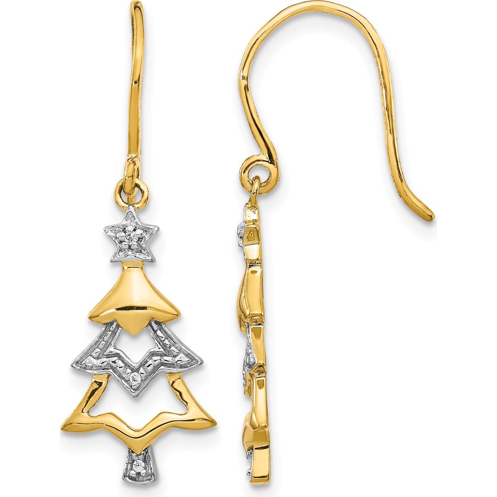 14K Yellow Gold and Rhodium Diamond Christmas Tree Dangle Earrings with Natural Round Diamonds - 0.007 Carat Total Diamond Weight by Monteluci Fine Jewelry