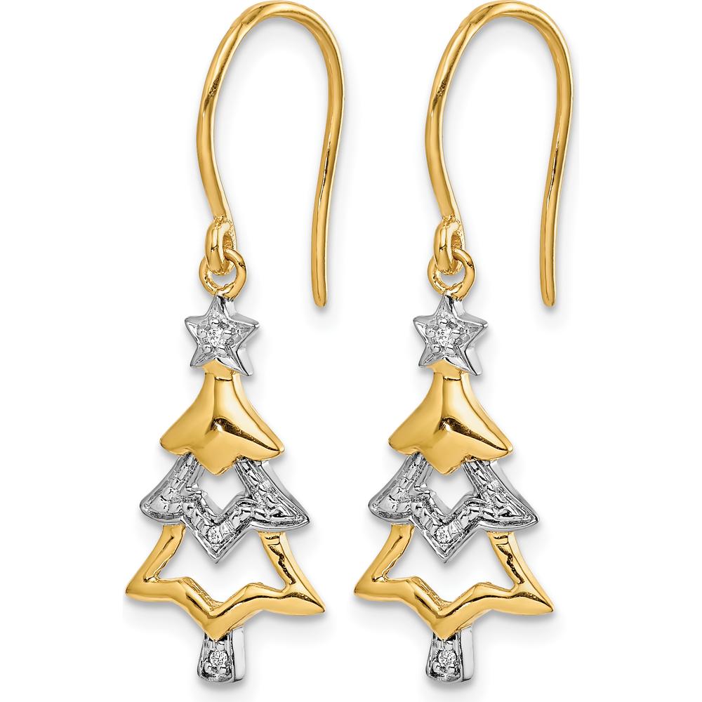 14K Yellow Gold and Rhodium Diamond Christmas Tree Dangle Earrings with Natural Round Diamonds - 0.007 Carat Total Diamond Weight by Monteluci Fine Jewelry