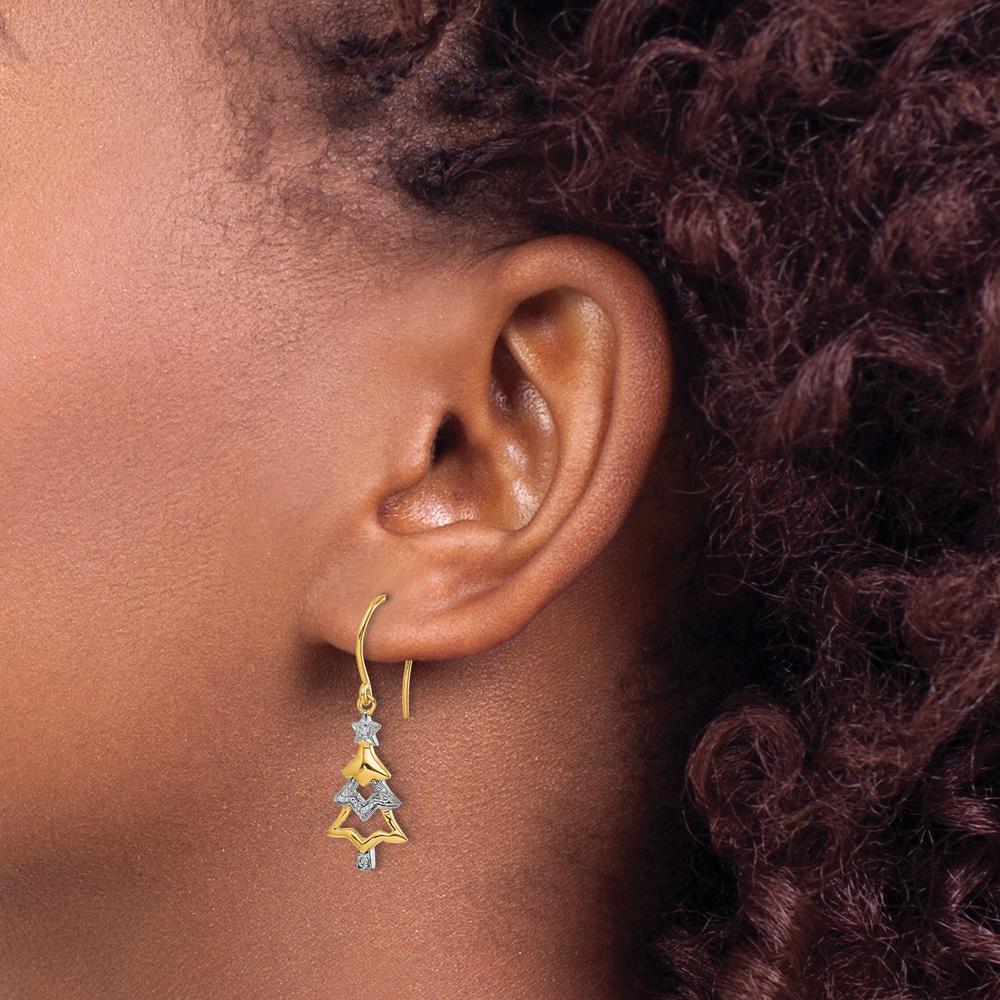 14K Yellow Gold and Rhodium Diamond Christmas Tree Dangle Earrings with Natural Round Diamonds - 0.007 Carat Total Diamond Weight by Monteluci Fine Jewelry