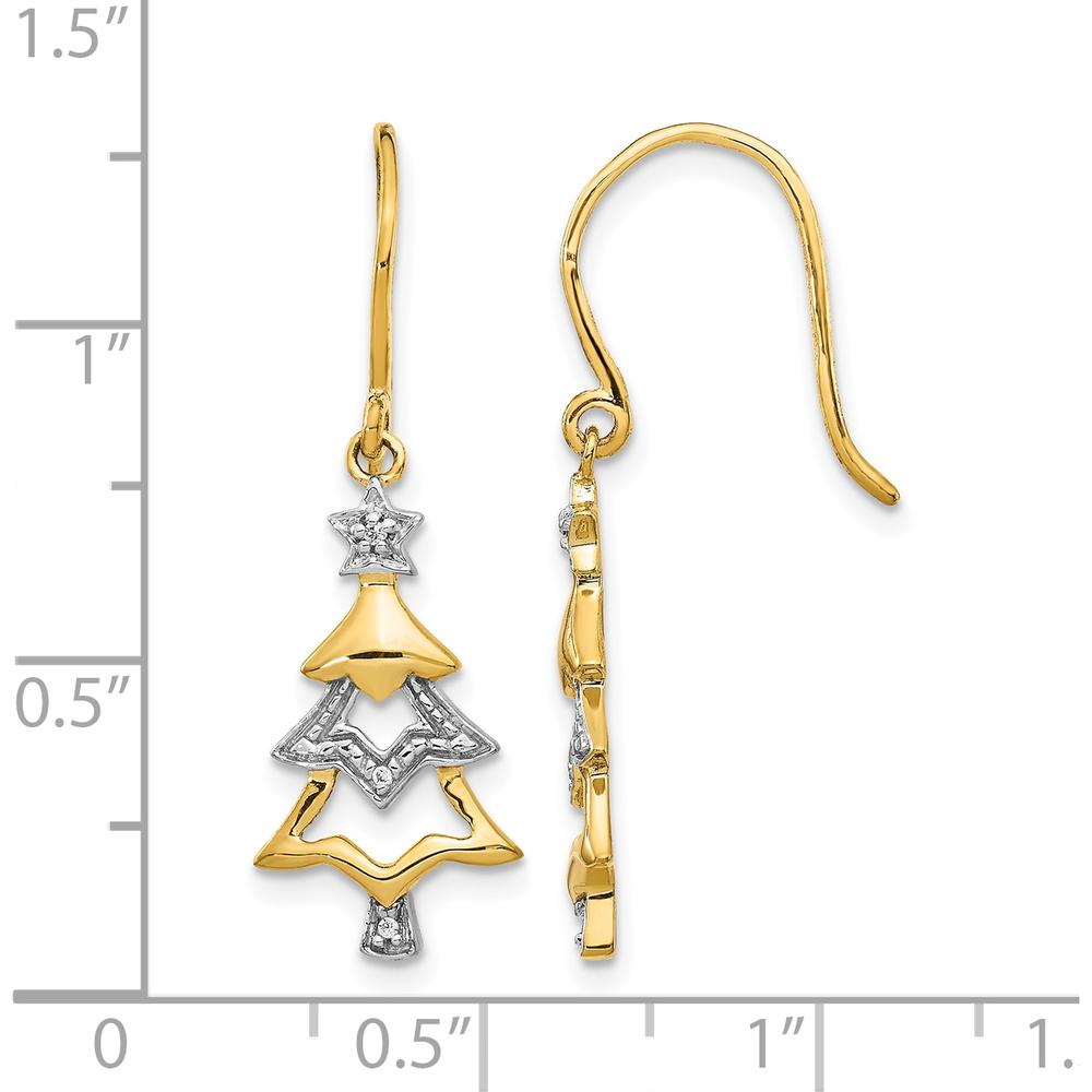 14K Yellow Gold and Rhodium Diamond Christmas Tree Dangle Earrings with Natural Round Diamonds - 0.007 Carat Total Diamond Weight by Monteluci Fine Jewelry