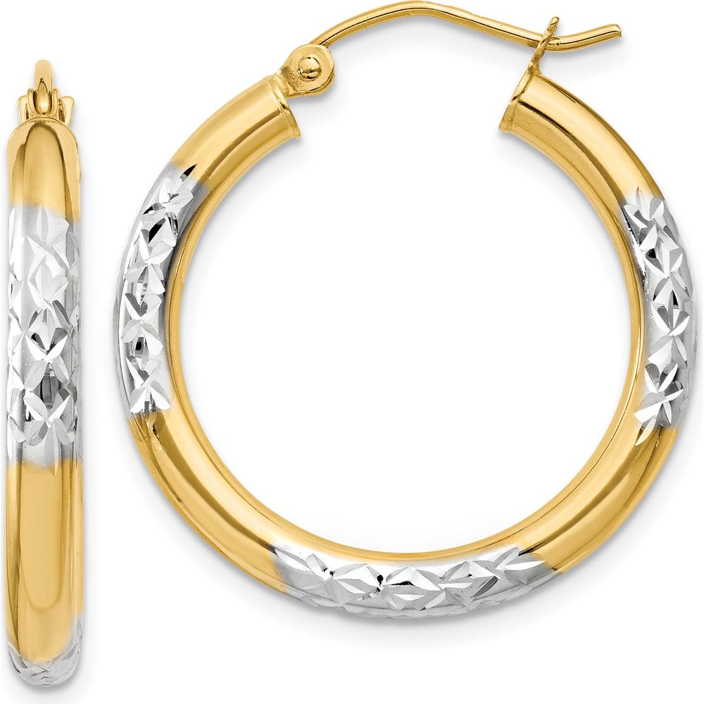 14K Yellow Gold and Rhodium Diamond-Cut 3x25mm Large Hoop Earrings by 0