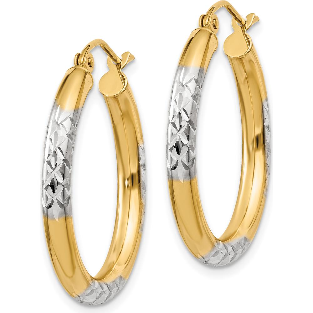 14K Yellow Gold and Rhodium Diamond-Cut 3x25mm Large Hoop Earrings by 0