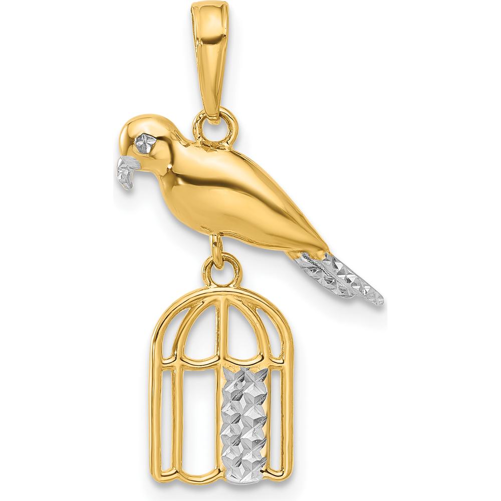 14K Yellow Gold and Rhodium Diamond-Cut Bird on Birdcage Pendant - Polished Charm Design by Oro Pregiato