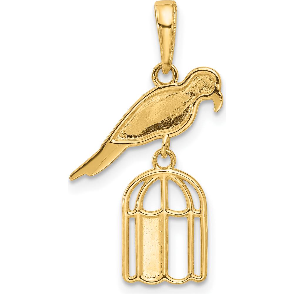 14K Yellow Gold and Rhodium Diamond-Cut Bird on Birdcage Pendant - Polished Charm Design by Oro Pregiato