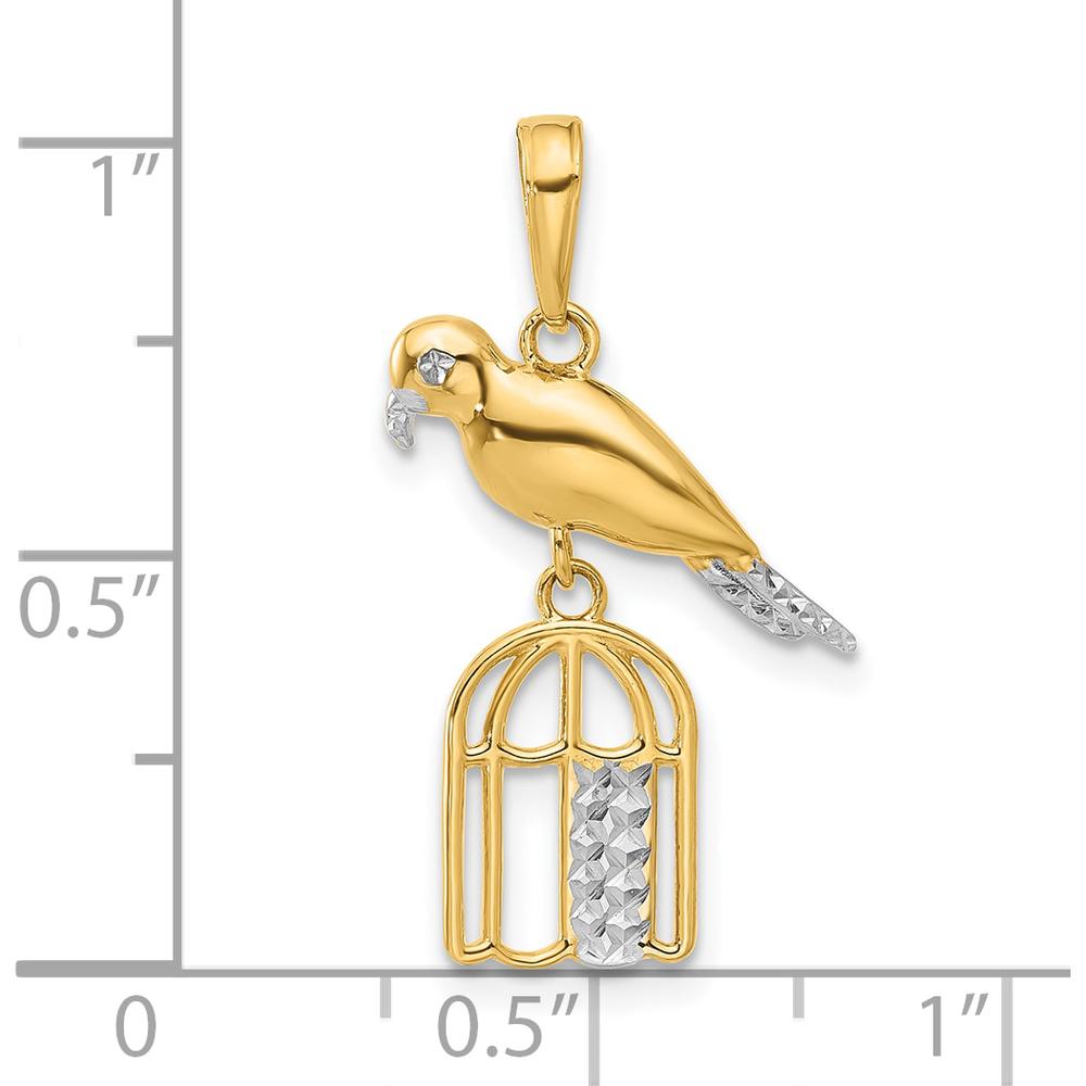 14K Yellow Gold and Rhodium Diamond-Cut Bird on Birdcage Pendant - Polished Charm Design by Oro Pregiato