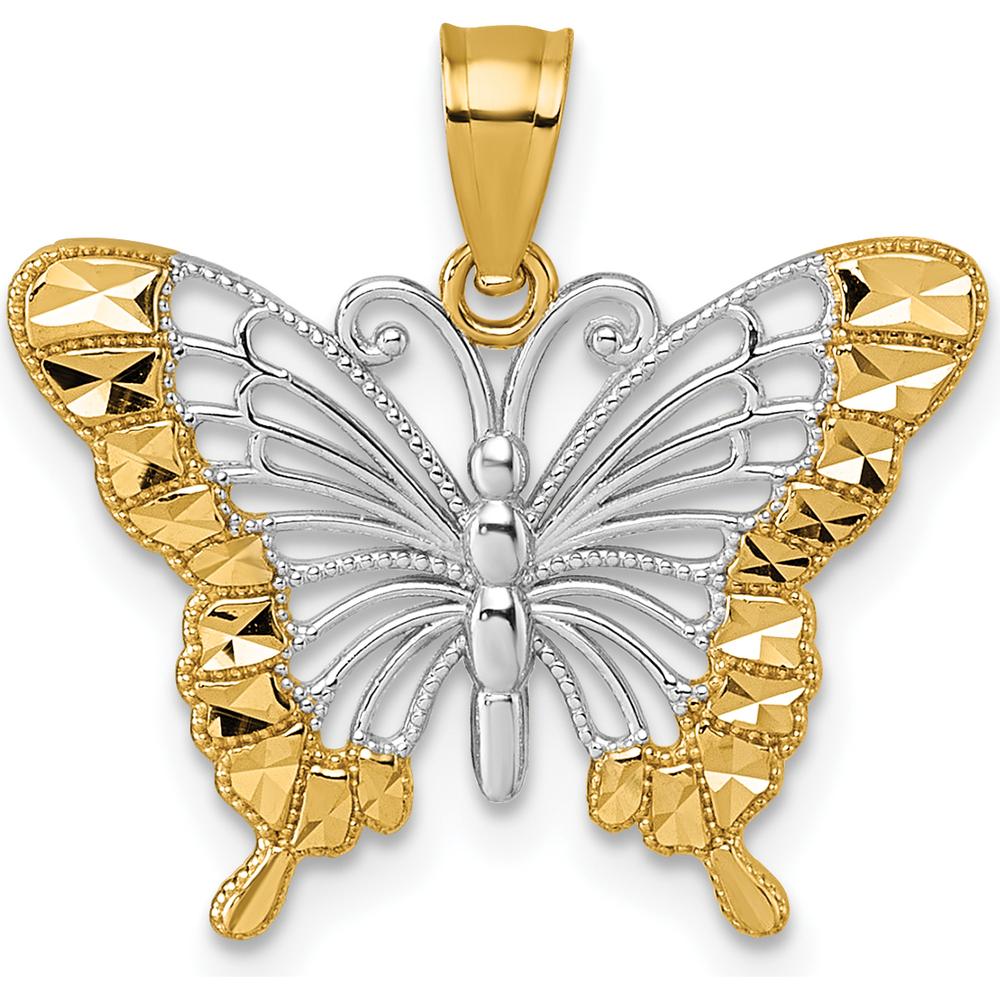 14K Yellow Gold and Rhodium Diamond-Cut Butterfly Pendant - Elegant Polished Design by Oro Pregiato