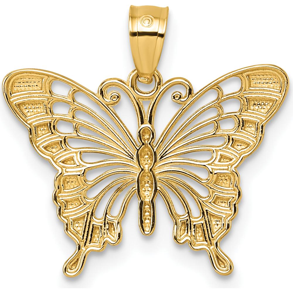 14K Yellow Gold and Rhodium Diamond-Cut Butterfly Pendant - Elegant Polished Design by Oro Pregiato