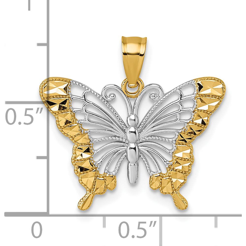 14K Yellow Gold and Rhodium Diamond-Cut Butterfly Pendant - Elegant Polished Design by Oro Pregiato