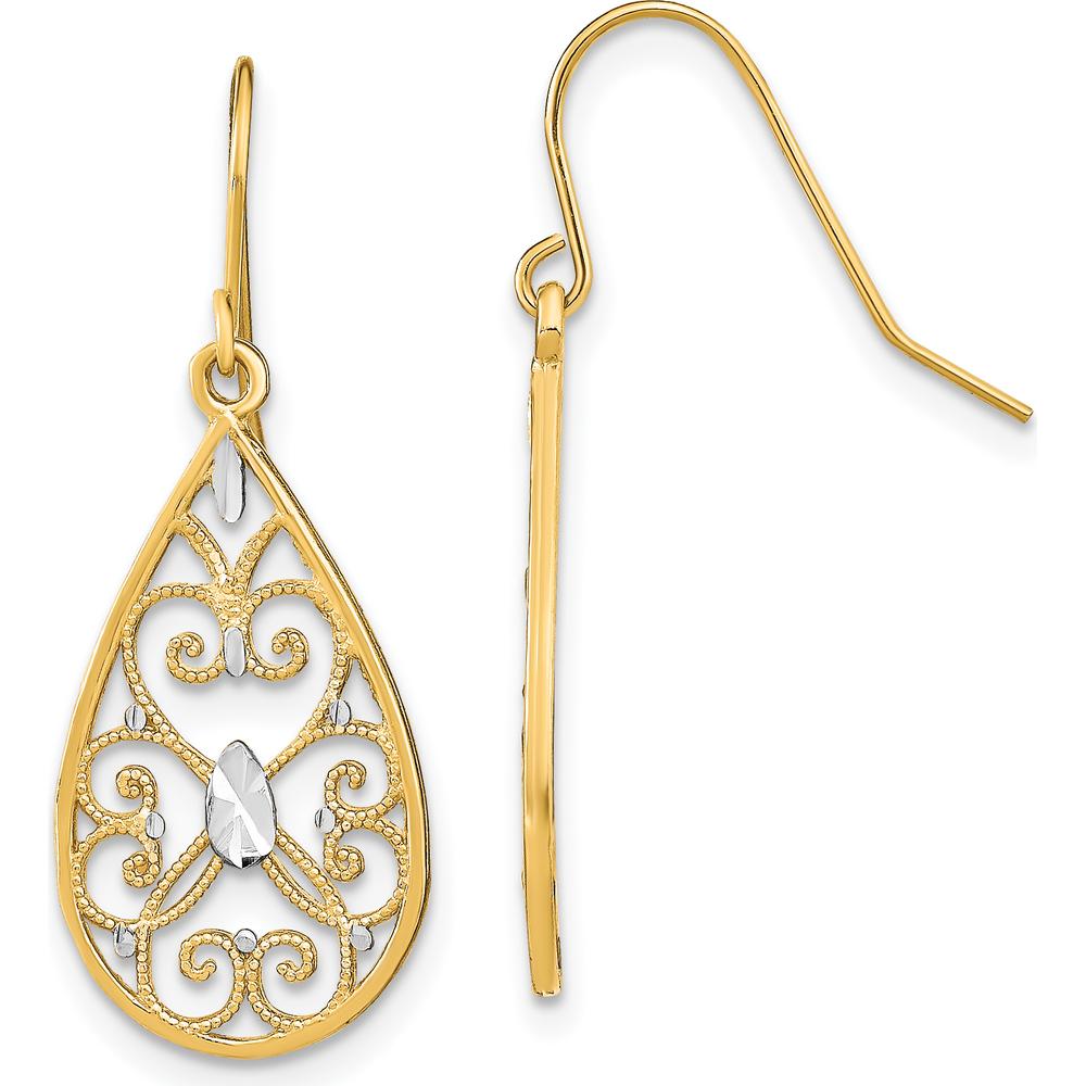 14K Yellow Gold and Rhodium Diamond-Cut Filigree Teardrop Dangle Earrings by 0