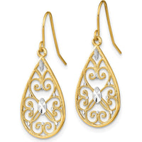 14K Yellow Gold and Rhodium Diamond-Cut Filigree Teardrop Dangle Earrings by 0
