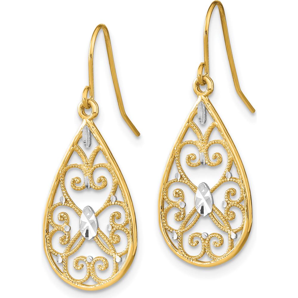 14K Yellow Gold and Rhodium Diamond-Cut Filigree Teardrop Dangle Earrings by 0