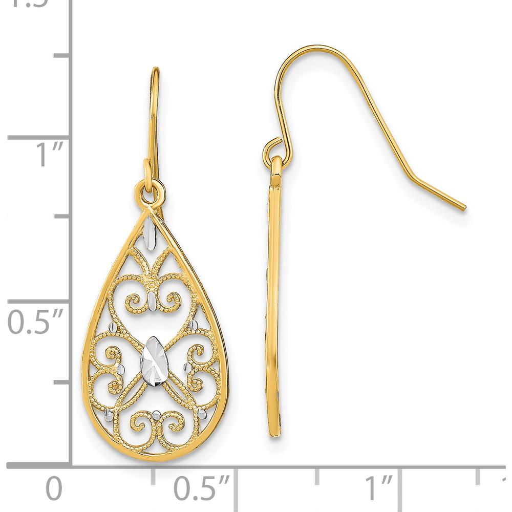 14K Yellow Gold and Rhodium Diamond-Cut Filigree Teardrop Dangle Earrings by 0