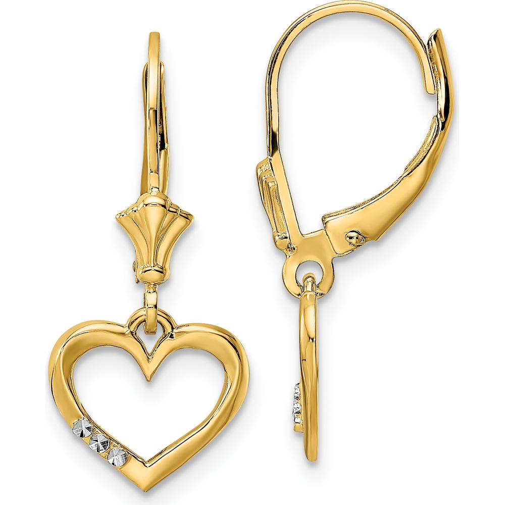 14K Yellow Gold and Rhodium Diamond-Cut Heart Leverback Earrings with Diamonds - 0.06 Carat Total Diamond Weight by 0
