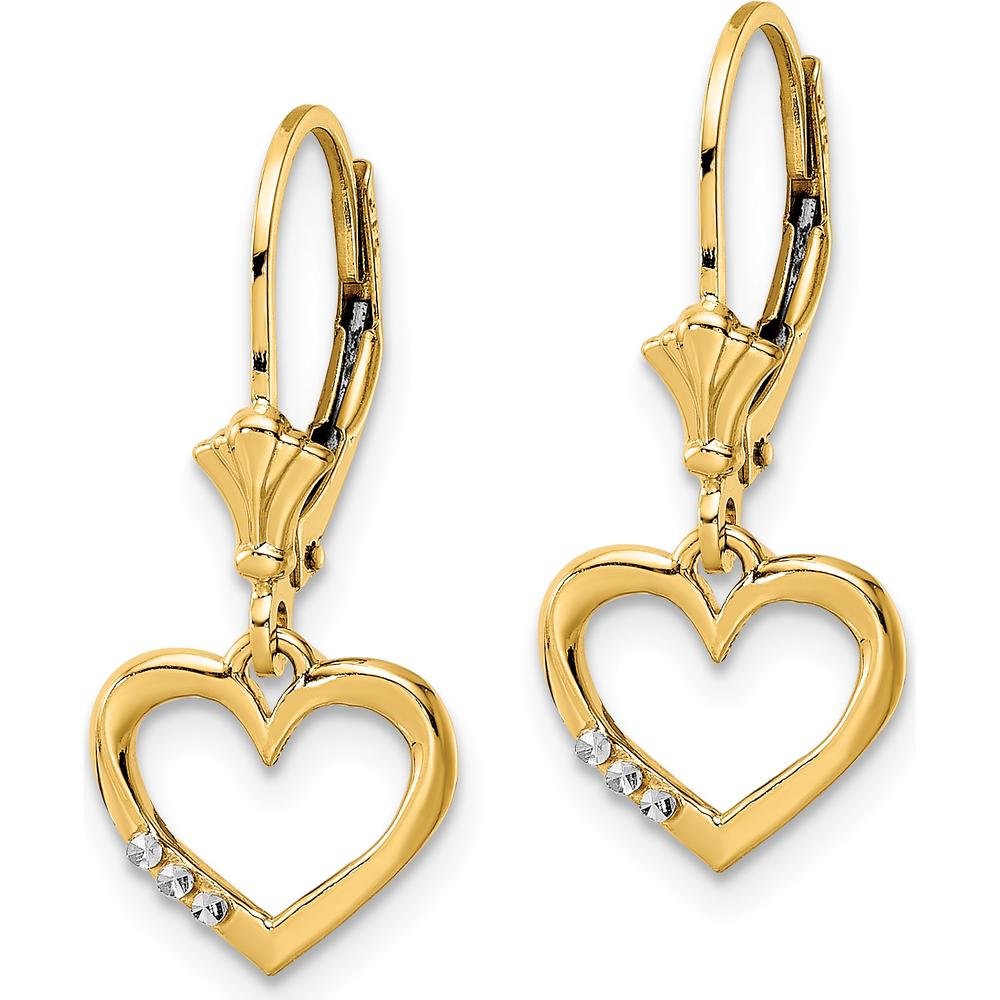 14K Yellow Gold and Rhodium Diamond-Cut Heart Leverback Earrings with Diamonds - 0.06 Carat Total Diamond Weight by 0
