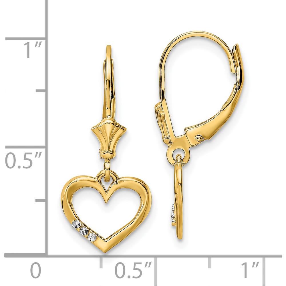 14K Yellow Gold and Rhodium Diamond-Cut Heart Leverback Earrings with Diamonds - 0.06 Carat Total Diamond Weight by 0