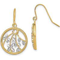 14K Yellow Gold and Rhodium Diamond-Cut Leaf Motif Round Dangle Earrings by 0