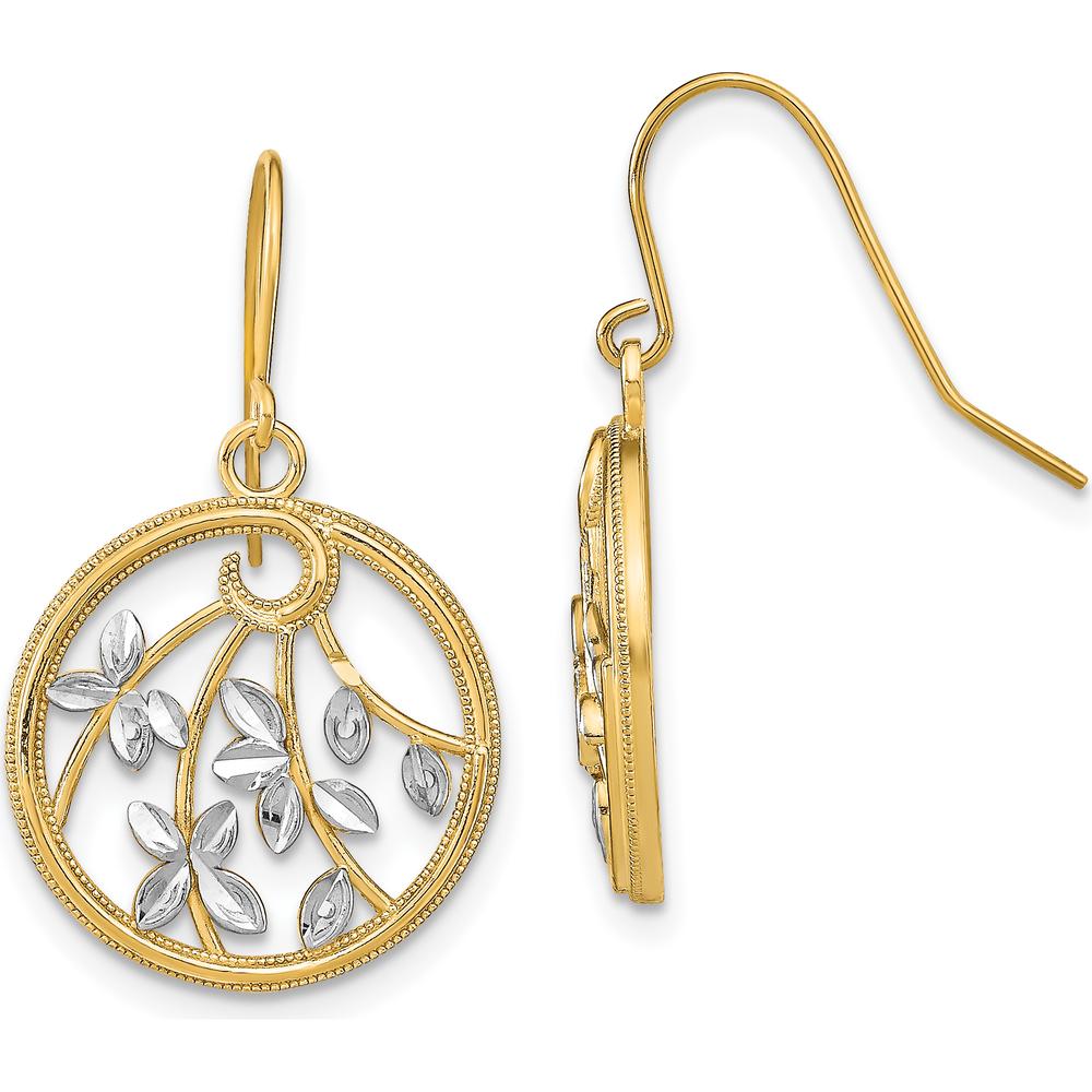 14K Yellow Gold and Rhodium Diamond-Cut Leaf Motif Round Dangle Earrings by 0