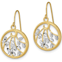 14K Yellow Gold and Rhodium Diamond-Cut Leaf Motif Round Dangle Earrings by 0