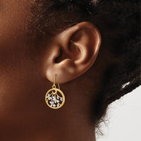 14K Yellow Gold and Rhodium Diamond-Cut Leaf Motif Round Dangle Earrings by 0