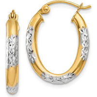 14K Yellow Gold & Rhodium Diamond-Cut Oval Hollow Hoop Earrings - 3mm Width, 21mm Length by 0