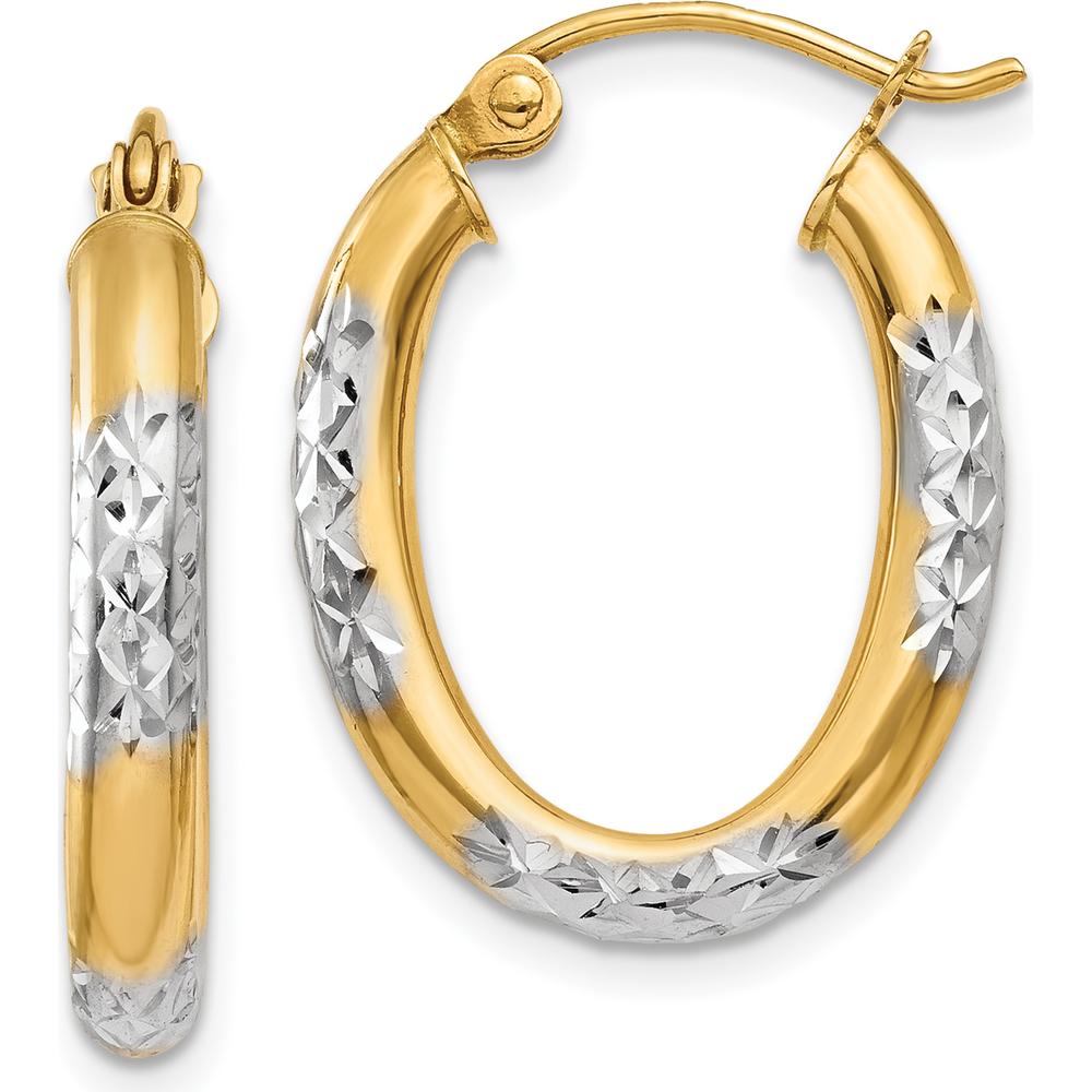 14K Yellow Gold & Rhodium Diamond-Cut Oval Hollow Hoop Earrings - 3mm Width, 21mm Length by 0