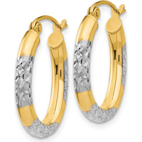 14K Yellow Gold & Rhodium Diamond-Cut Oval Hollow Hoop Earrings - 3mm Width, 21mm Length by 0