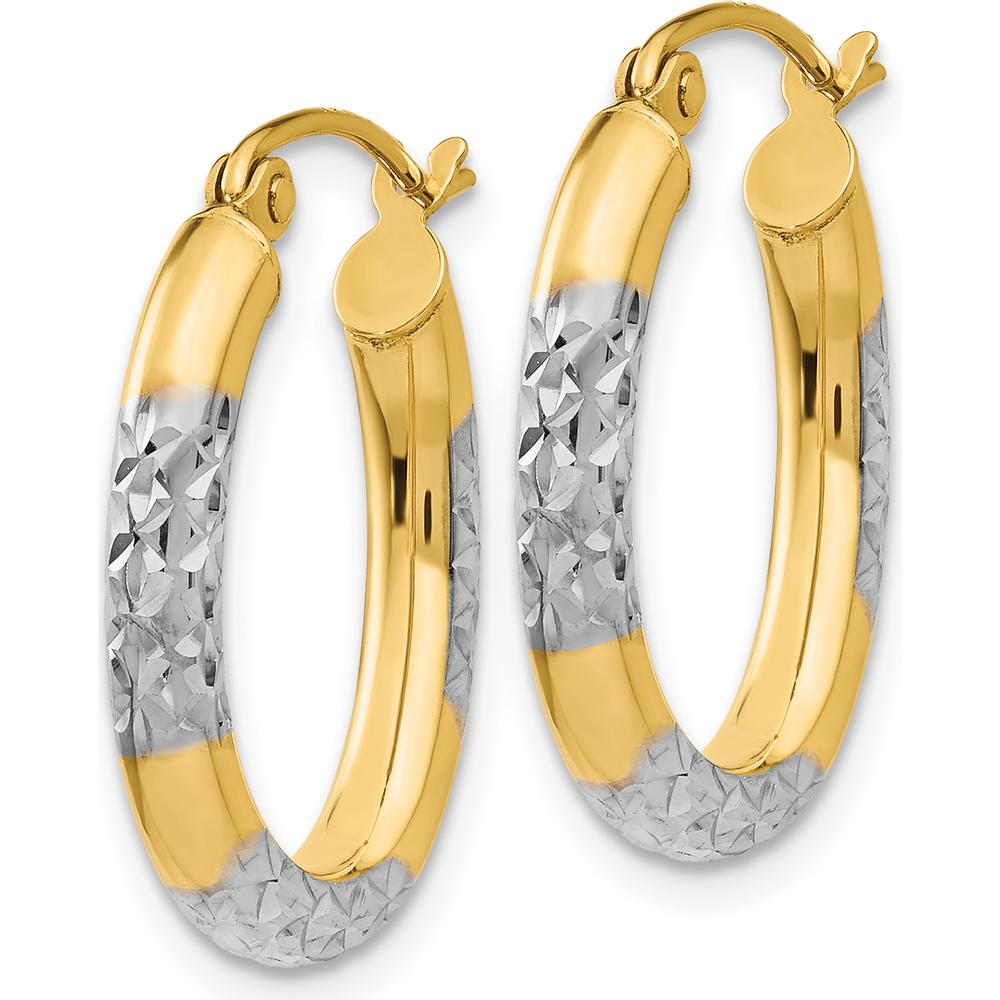 14K Yellow Gold & Rhodium Diamond-Cut Oval Hollow Hoop Earrings - 3mm Width, 21mm Length by 0