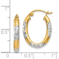 14K Yellow Gold & Rhodium Diamond-Cut Oval Hollow Hoop Earrings - 3mm Width, 21mm Length by 0