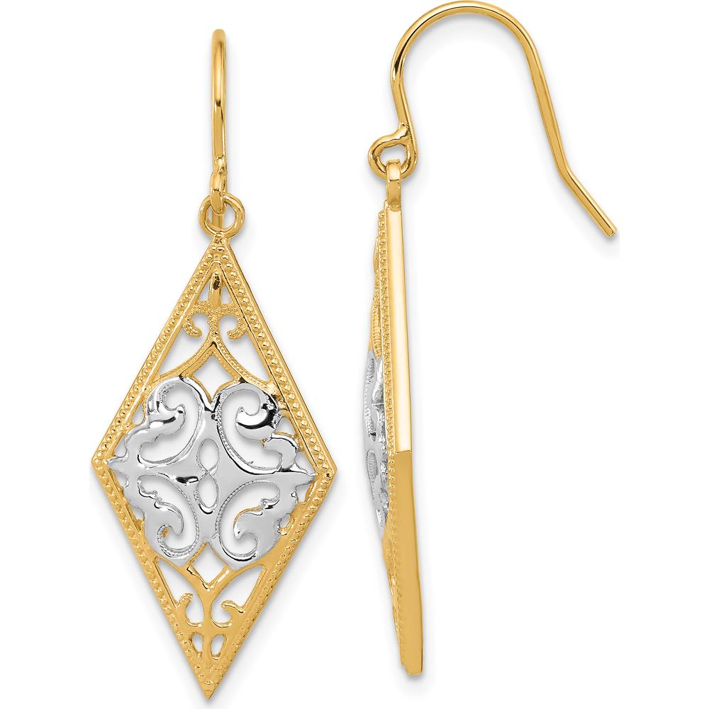 14K Yellow Gold & Rhodium Diamond Shape Filigree Drop Earrings with Diamond-Cut Texture by 0