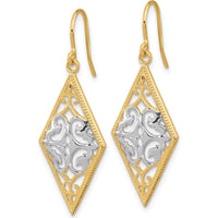 14K Yellow Gold & Rhodium Diamond Shape Filigree Drop Earrings with Diamond-Cut Texture by 0