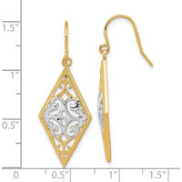 14K Yellow Gold & Rhodium Diamond Shape Filigree Drop Earrings with Diamond-Cut Texture by 0