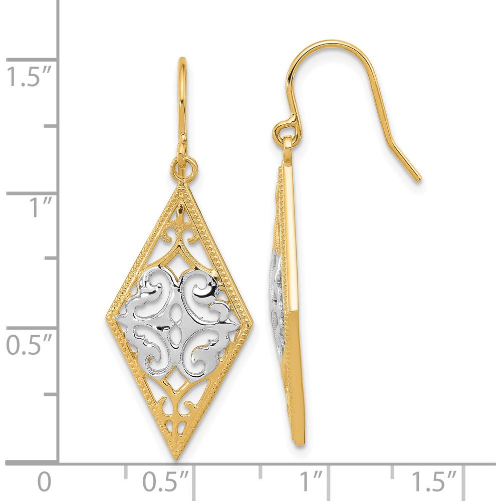 14K Yellow Gold & Rhodium Diamond Shape Filigree Drop Earrings with Diamond-Cut Texture by 0