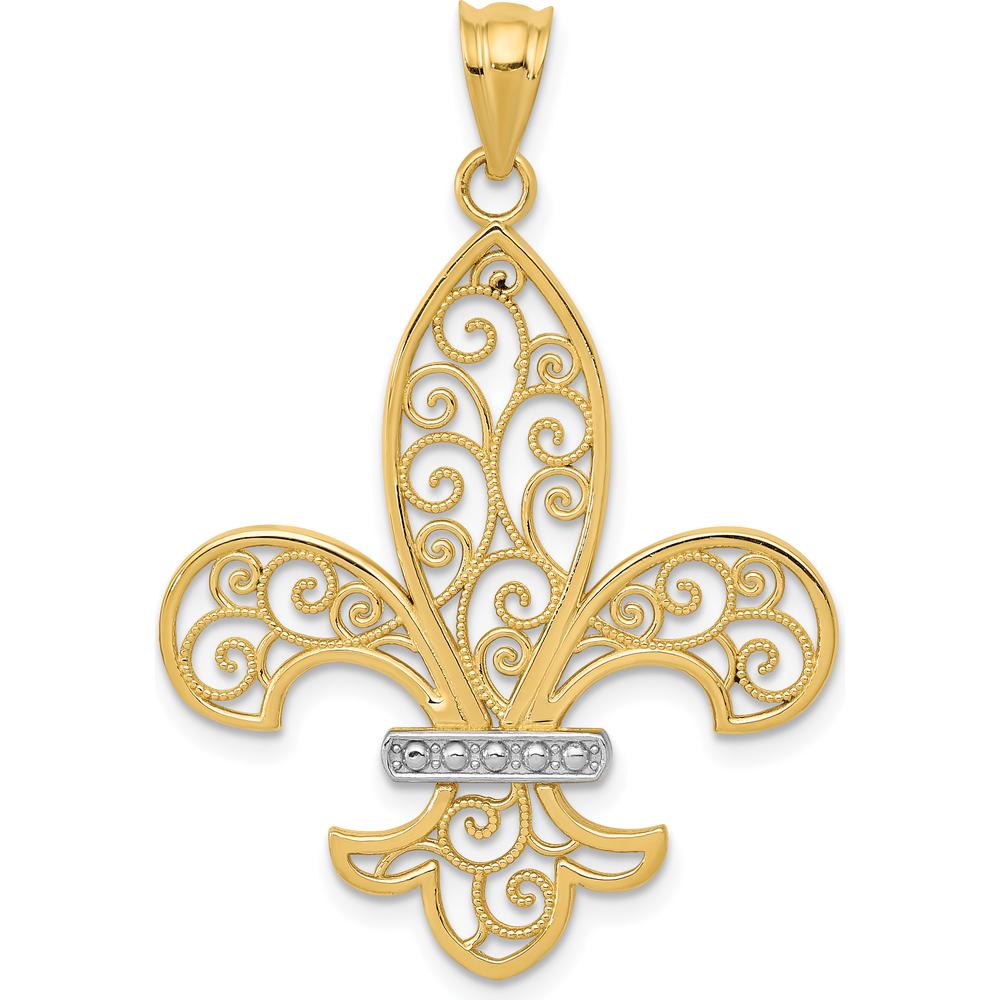 14K Yellow Gold and Rhodium Filigree Fleur de Lis Pendant by Oro Pregiato