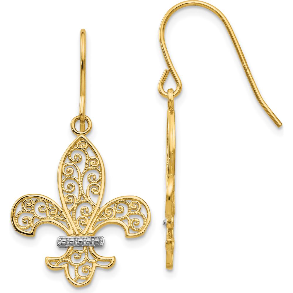14K Yellow Gold & Rhodium Fleur de Lis Drop Earrings with French Wire Closure - Polished Finish by 0