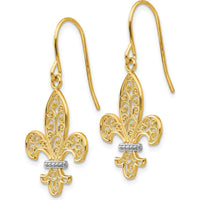 14K Yellow Gold & Rhodium Fleur de Lis Drop Earrings with French Wire Closure - Polished Finish by 0