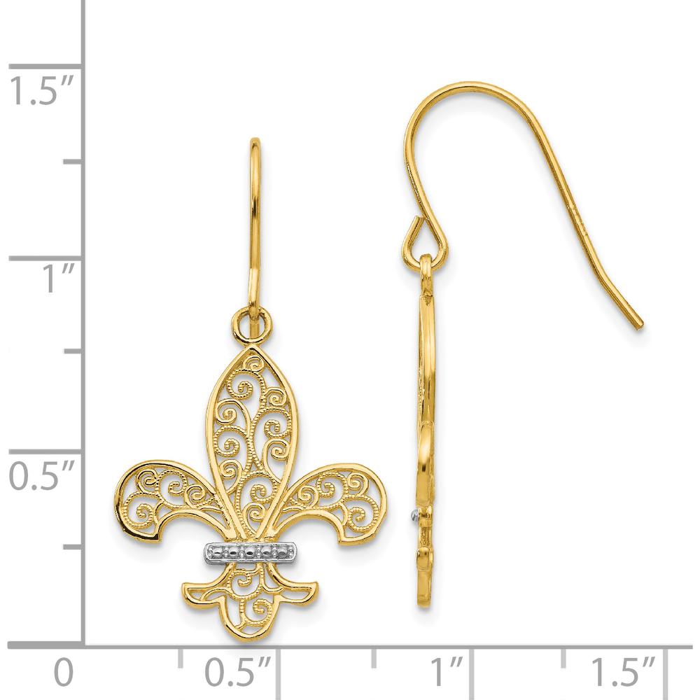 14K Yellow Gold & Rhodium Fleur de Lis Drop Earrings with French Wire Closure - Polished Finish by 0