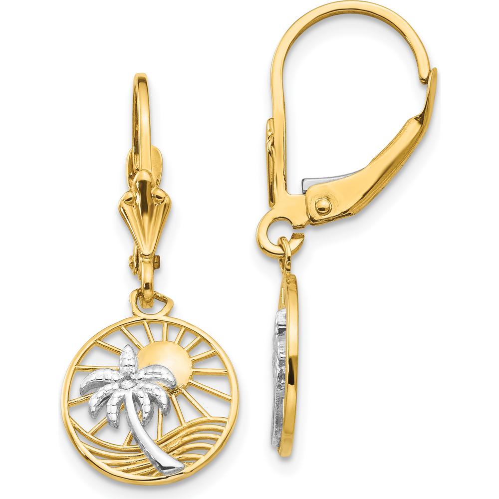 14K Yellow Gold & Rhodium Palm Tree Leverback Earrings - Elegant Tropical Design by Oro Pregiato