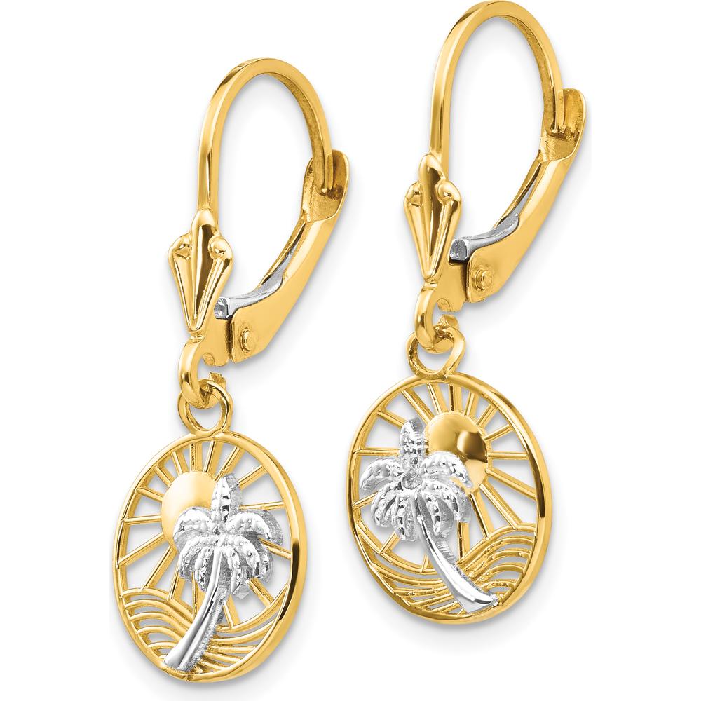 14K Yellow Gold & Rhodium Palm Tree Leverback Earrings - Elegant Tropical Design by Oro Pregiato